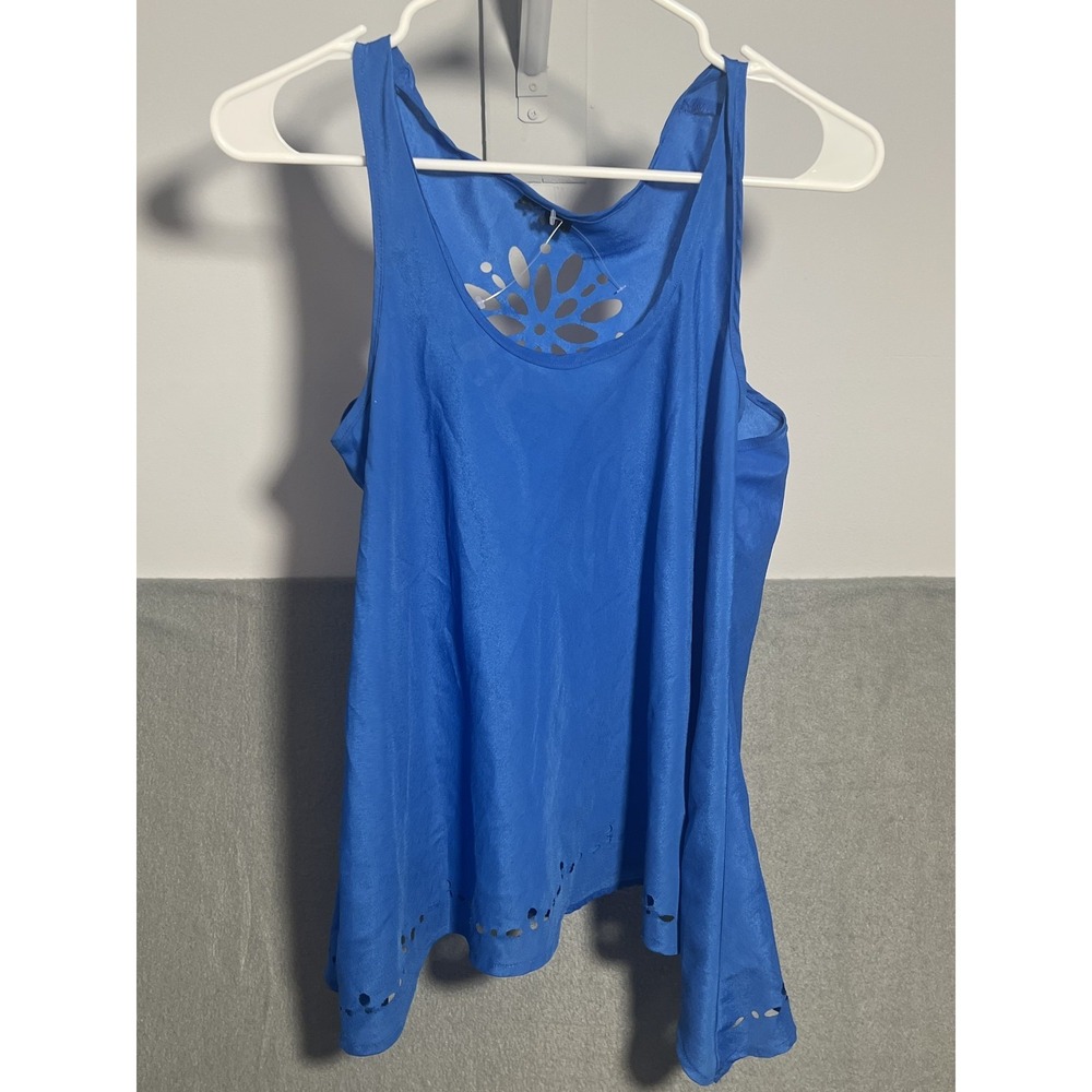 Women's Blue Sleeveless Tank‎ Top Blouse with Laser Cut Floral Details & Hem L